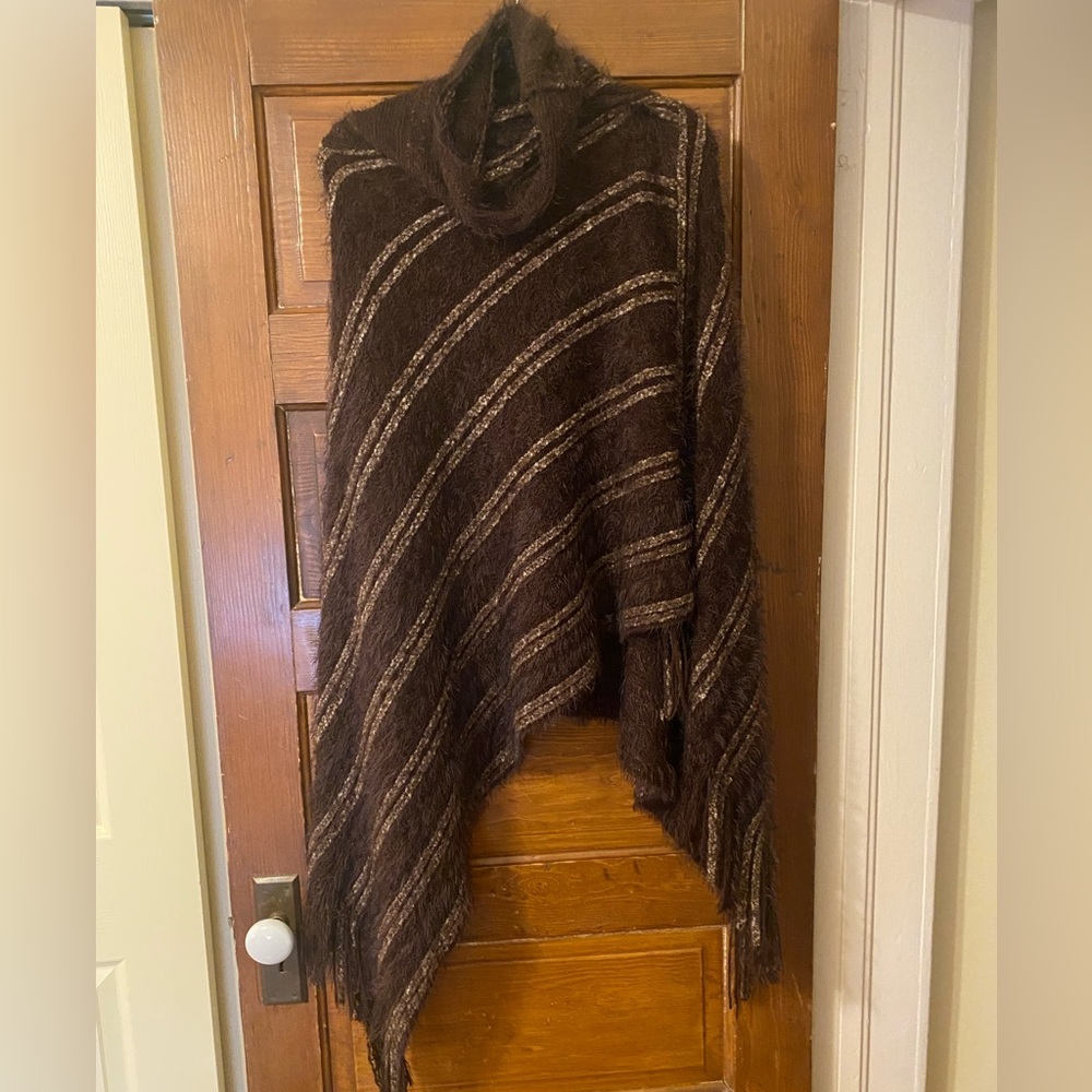 Brown Striped Poncho with Fringe